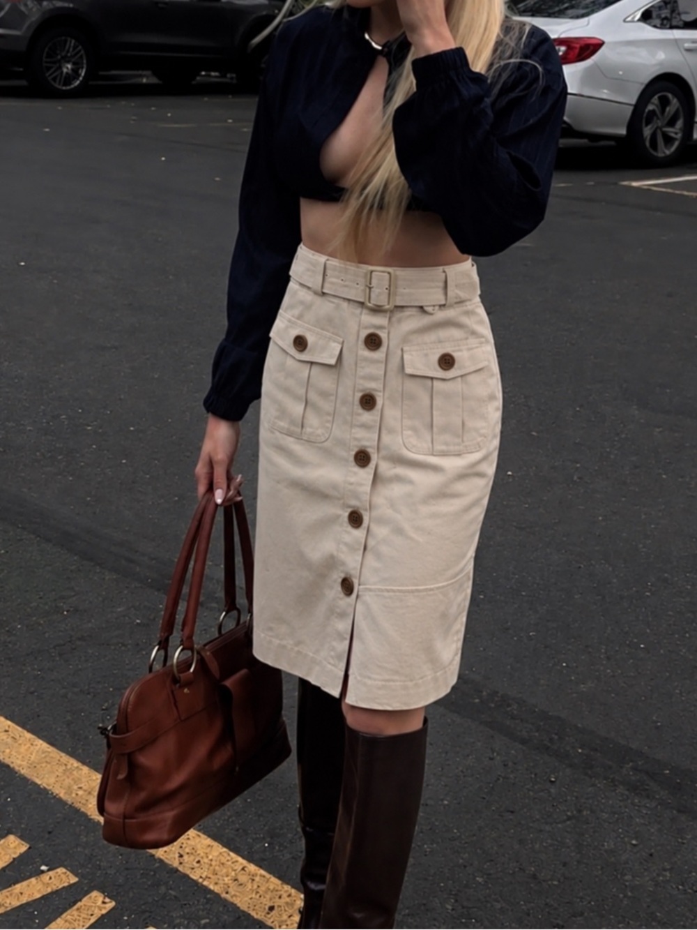 NWT Zara Women’s Midi Cargo Pencil High Waist Utility Pockets Skirt Size 6